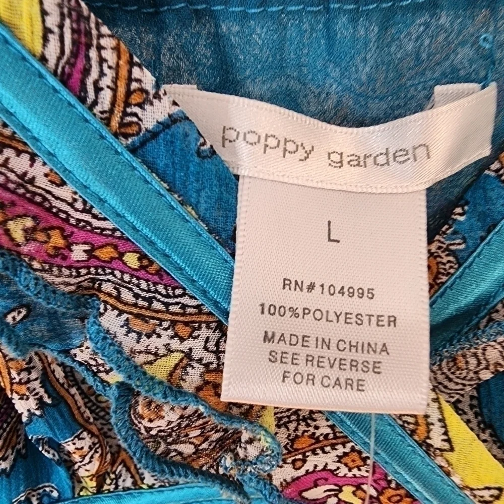 Poppy Garden sleeveless lightweight dress bright paisley colors accented w/ blue - Picture 5 of 8